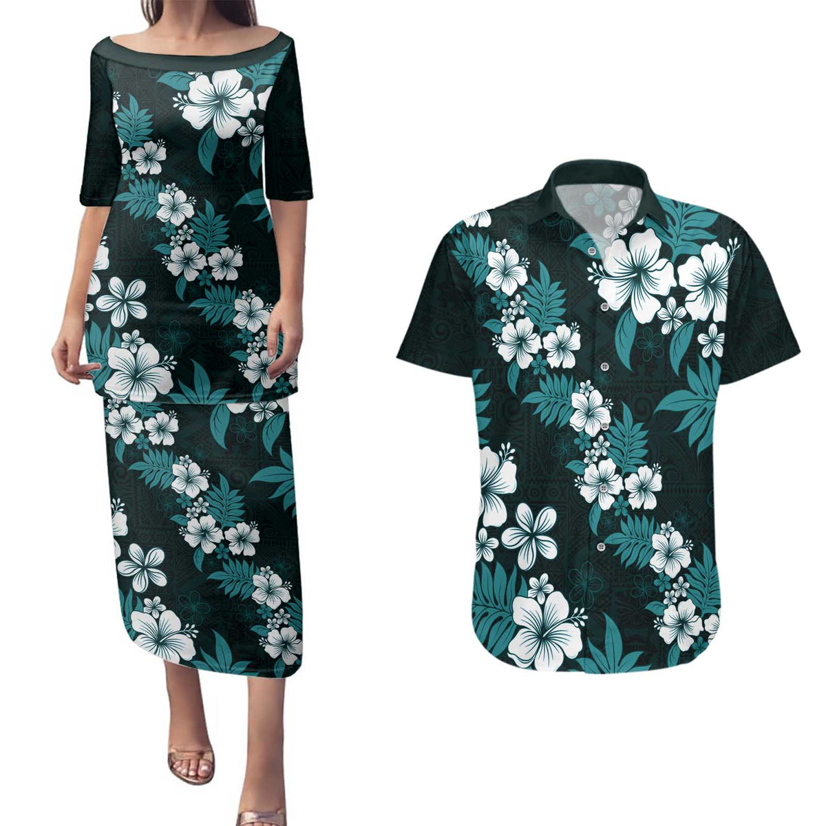 Hawaiian Hibiscus Tribal Floral Teal Couples Matching Puletasi and Hawaiian Shirt Polynesian Tapa Pattern - Polynesian Pride