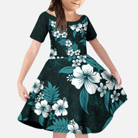 Hawaiian Hibiscus Tribal Floral Teal Family Matching Long Sleeve Bodycon Dress and Hawaiian Shirt Polynesian Tapa Pattern LT01 Daughter's Dress Teal - Polynesian Pride