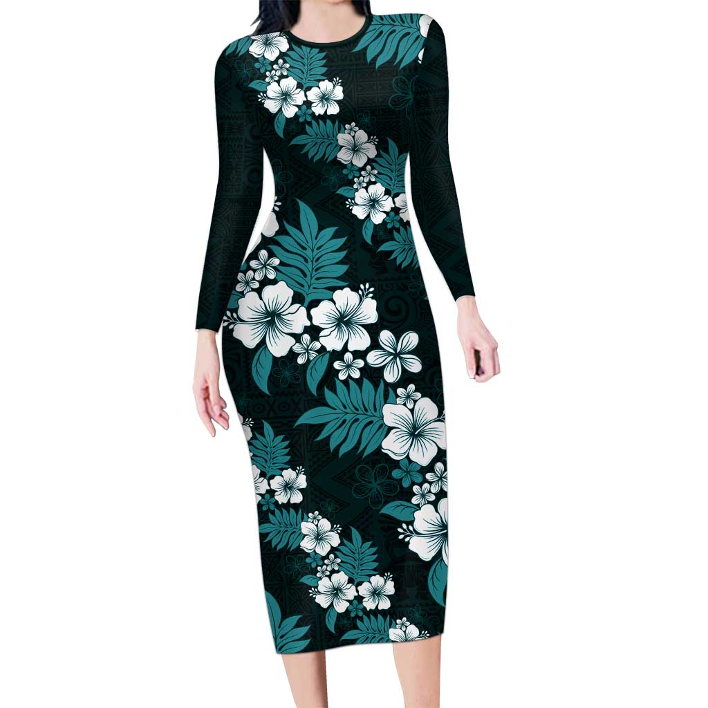 Hawaiian Hibiscus Tribal Floral Teal Family Matching Long Sleeve Bodycon Dress and Hawaiian Shirt Polynesian Tapa Pattern LT01 Mom's Dress Teal - Polynesian Pride