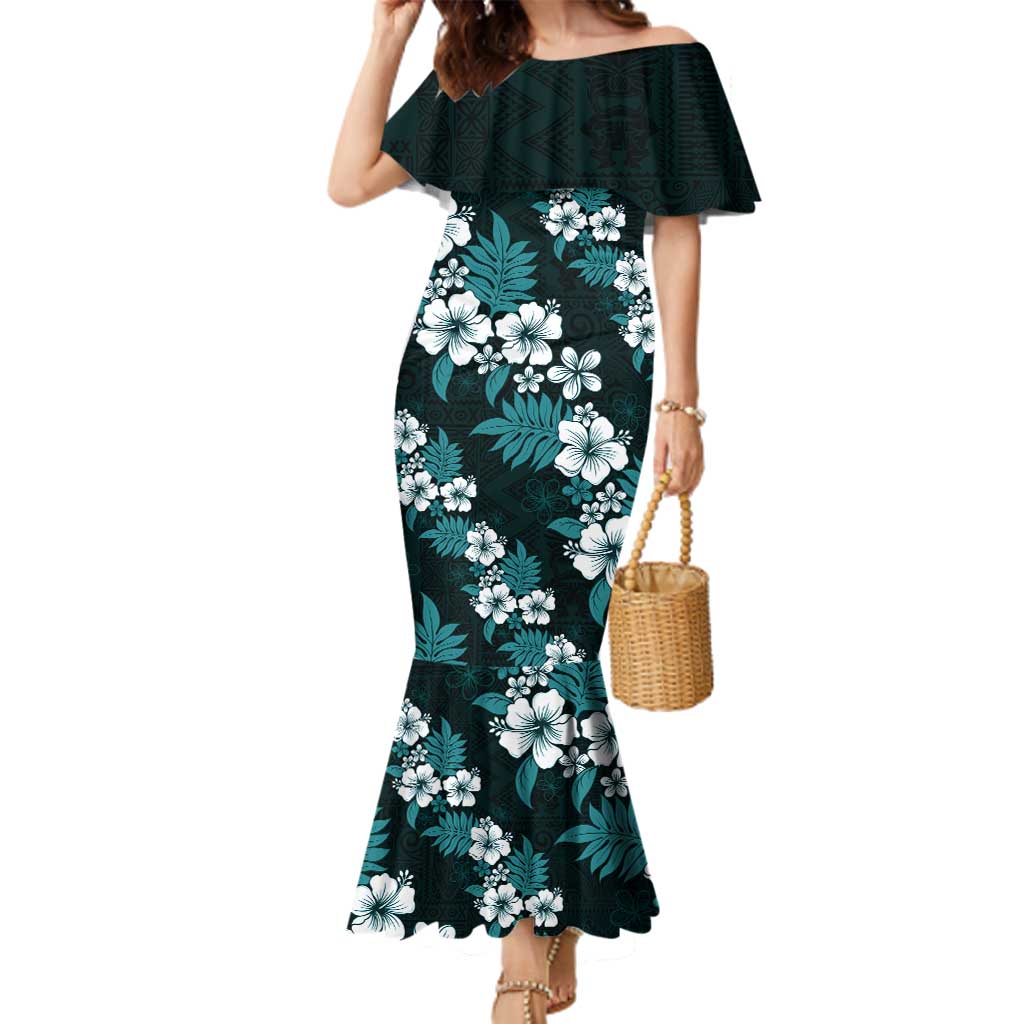 Hawaiian Hibiscus Tribal Floral Teal Family Matching Mermaid Dress and Hawaiian Shirt Polynesian Tapa Pattern LT01 Mom's Dress Teal - Polynesian Pride