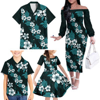 Hawaiian Hibiscus Tribal Floral Teal Family Matching Off The Shoulder Long Sleeve Dress and Hawaiian Shirt Polynesian Tapa Pattern LT01 - Polynesian Pride