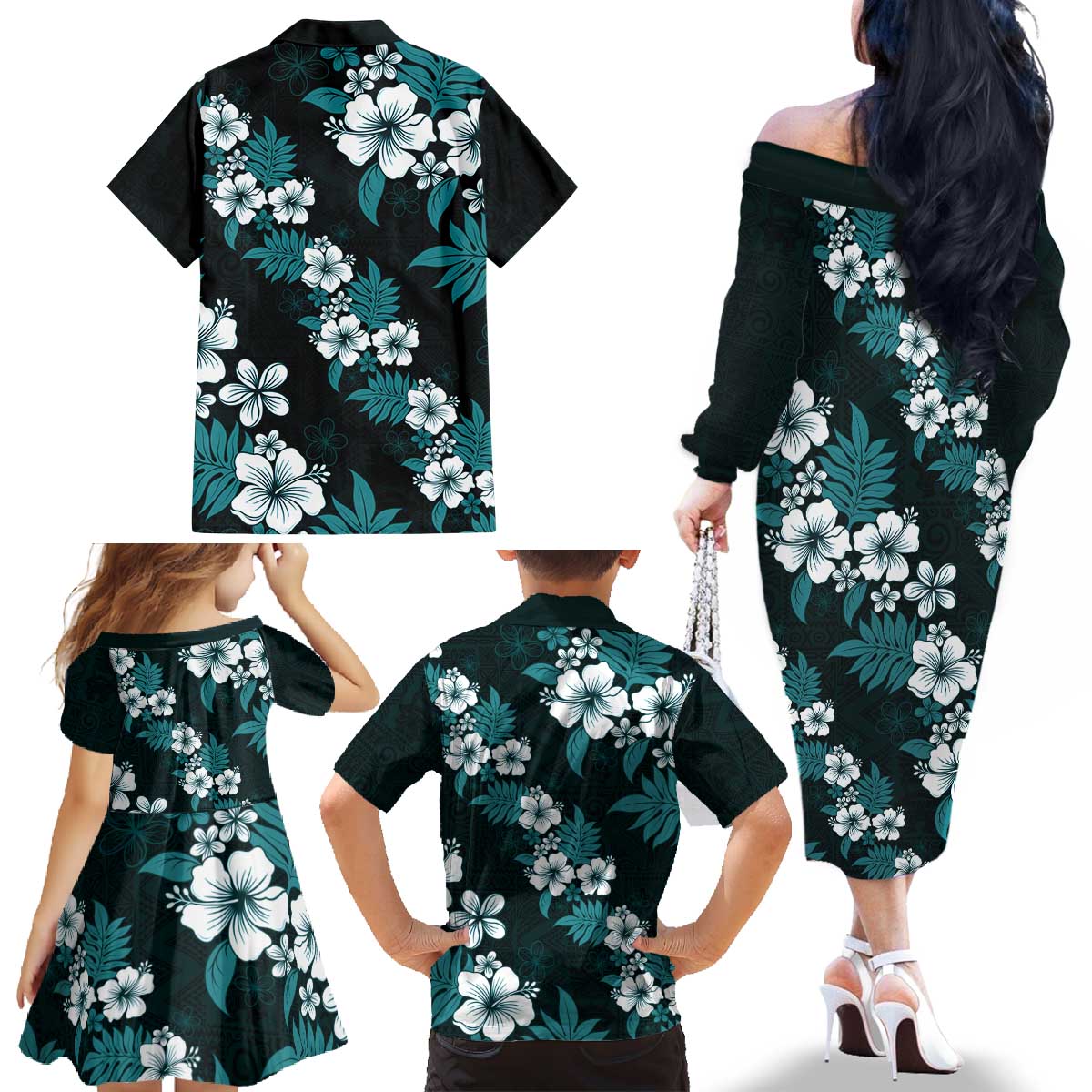 Hawaiian Hibiscus Tribal Floral Teal Family Matching Off The Shoulder Long Sleeve Dress and Hawaiian Shirt Polynesian Tapa Pattern LT01 - Polynesian Pride