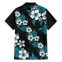 Hawaiian Hibiscus Tribal Floral Teal Family Matching Off The Shoulder Long Sleeve Dress and Hawaiian Shirt Polynesian Tapa Pattern LT01 - Polynesian Pride
