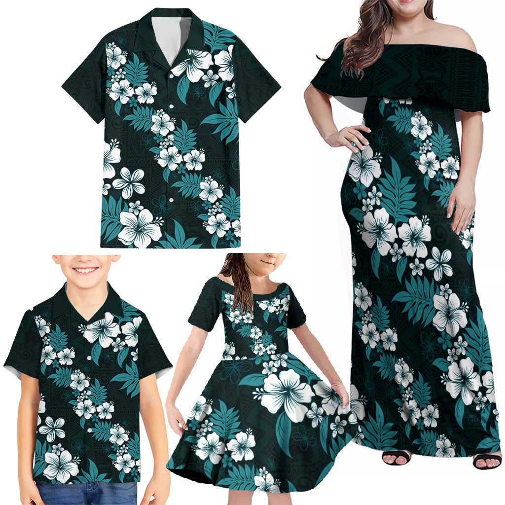 Hawaiian Hibiscus Tribal Floral Teal Family Matching Off Shoulder Maxi Dress and Hawaiian Shirt Polynesian Tapa Pattern LT01 - Polynesian Pride