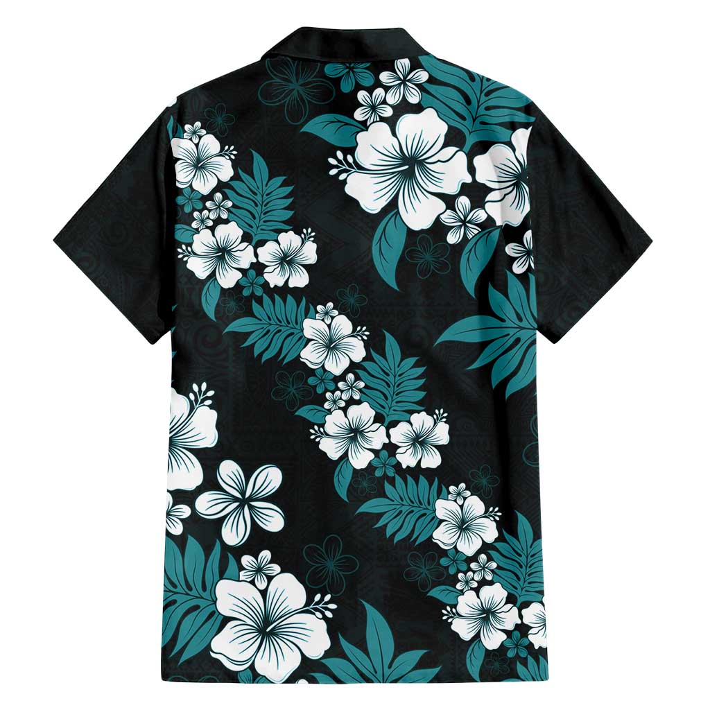 Hawaiian Hibiscus Tribal Floral Teal Family Matching Off Shoulder Maxi Dress and Hawaiian Shirt Polynesian Tapa Pattern LT01 - Polynesian Pride