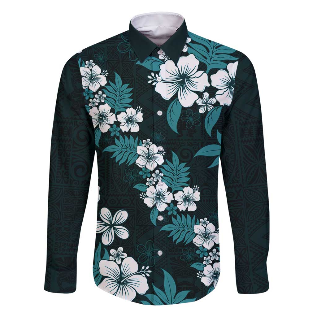 Hawaiian Hibiscus Tribal Floral Teal Family Matching Off Shoulder Maxi Dress and Hawaiian Shirt Polynesian Tapa Pattern LT01 Dad's Shirt - Long Sleeve Teal - Polynesian Pride