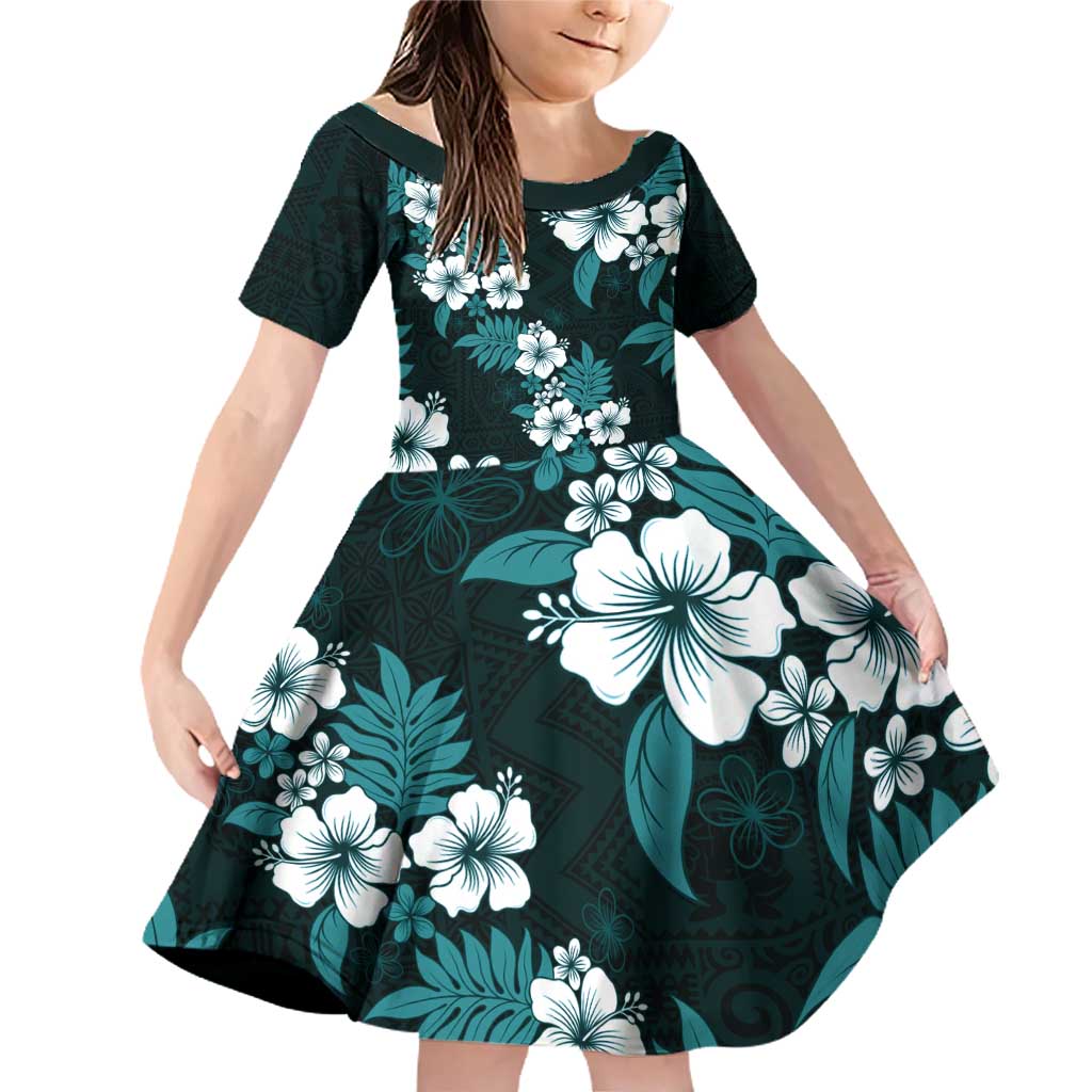 Hawaiian Hibiscus Tribal Floral Teal Family Matching Off Shoulder Short Dress and Hawaiian Shirt Polynesian Tapa Pattern LT01 Daughter's Dress Teal - Polynesian Pride