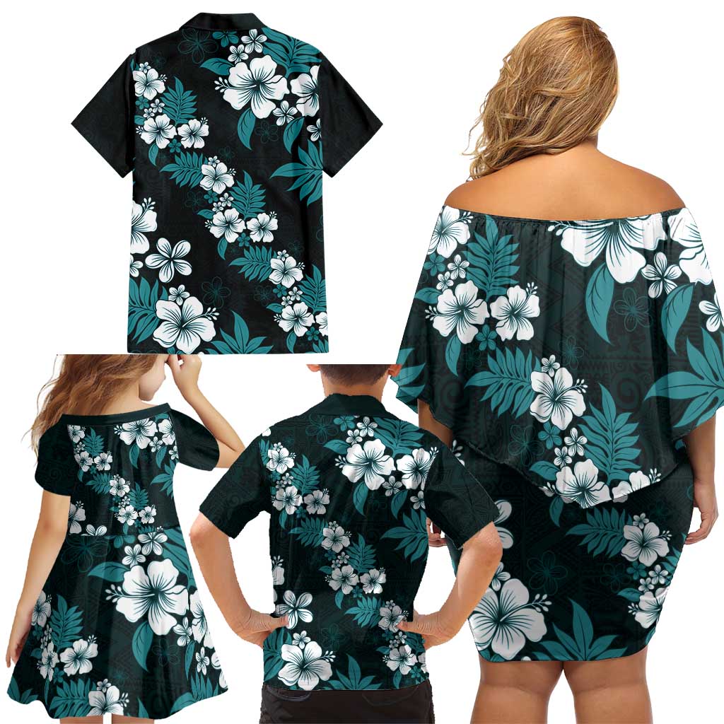 Hawaiian Hibiscus Tribal Floral Teal Family Matching Off Shoulder Short Dress and Hawaiian Shirt Polynesian Tapa Pattern LT01 - Polynesian Pride