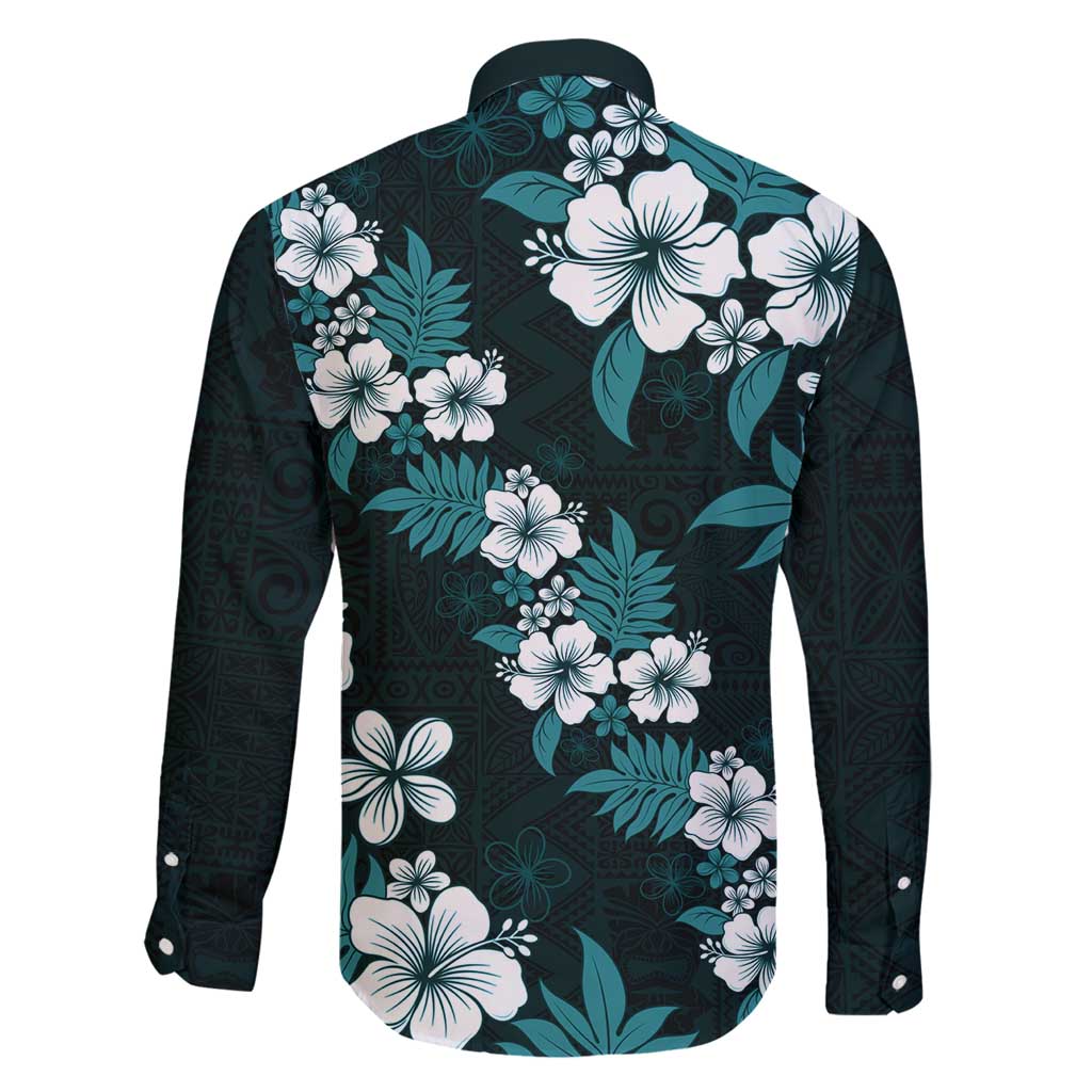 Hawaiian Hibiscus Tribal Floral Teal Family Matching Off Shoulder Short Dress and Hawaiian Shirt Polynesian Tapa Pattern LT01 - Polynesian Pride