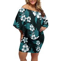 Hawaiian Hibiscus Tribal Floral Teal Family Matching Off Shoulder Short Dress and Hawaiian Shirt Polynesian Tapa Pattern LT01 Mom's Dress Teal - Polynesian Pride