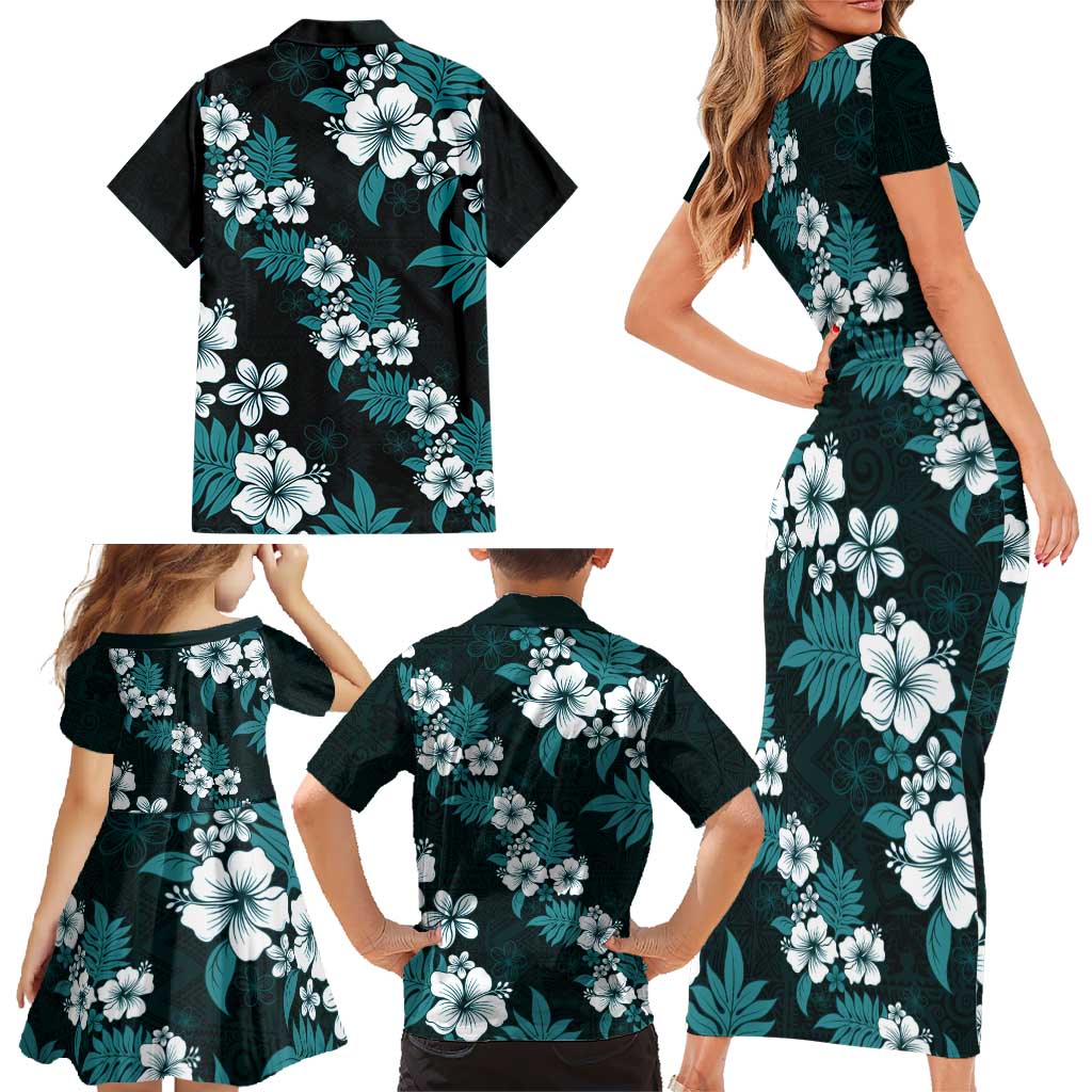 Hawaiian Hibiscus Tribal Floral Teal Family Matching Short Sleeve Bodycon Dress and Hawaiian Shirt Polynesian Tapa Pattern LT01 - Polynesian Pride