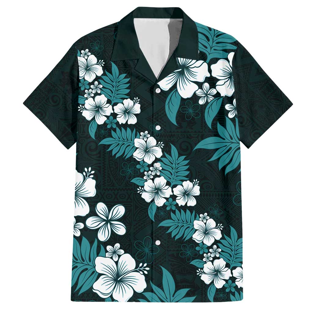 Hawaiian Hibiscus Tribal Floral Teal Family Matching Short Sleeve Bodycon Dress and Hawaiian Shirt Polynesian Tapa Pattern LT01 Dad's Shirt - Short Sleeve Teal - Polynesian Pride