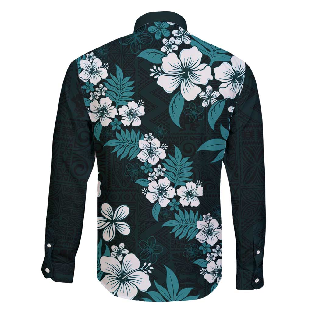 Hawaiian Hibiscus Tribal Floral Teal Family Matching Short Sleeve Bodycon Dress and Hawaiian Shirt Polynesian Tapa Pattern LT01 - Polynesian Pride