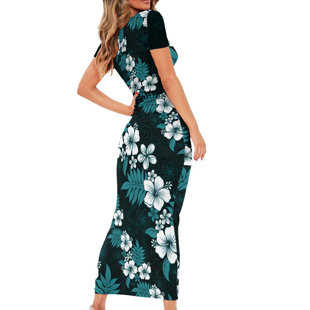 Hawaiian Hibiscus Tribal Floral Teal Family Matching Short Sleeve Bodycon Dress and Hawaiian Shirt Polynesian Tapa Pattern LT01 - Polynesian Pride