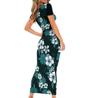Hawaiian Hibiscus Tribal Floral Teal Family Matching Short Sleeve Bodycon Dress and Hawaiian Shirt Polynesian Tapa Pattern LT01 - Polynesian Pride