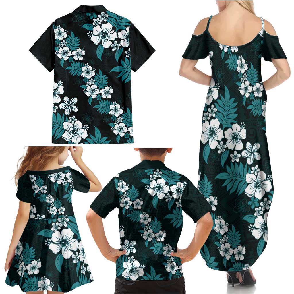 Hawaiian Hibiscus Tribal Floral Teal Family Matching Summer Maxi Dress and Hawaiian Shirt Polynesian Tapa Pattern LT01 - Polynesian Pride