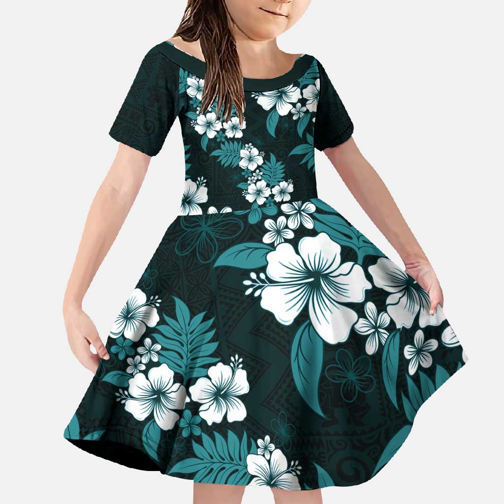 Hawaiian Hibiscus Tribal Floral Teal Family Matching Tank Maxi Dress and Hawaiian Shirt Polynesian Tapa Pattern LT01 Daughter's Dress Teal - Polynesian Pride