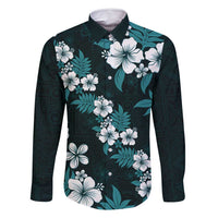 Hawaiian Hibiscus Tribal Floral Teal Family Matching Tank Maxi Dress and Hawaiian Shirt Polynesian Tapa Pattern LT01 Dad's Shirt - Long Sleeve Teal - Polynesian Pride