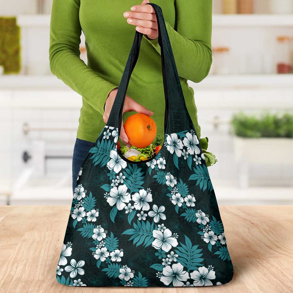 Hawaiian Hibiscus Tribal Floral Teal Grocery Bag Polynesian Tapa Pattern - Polynesian Pride