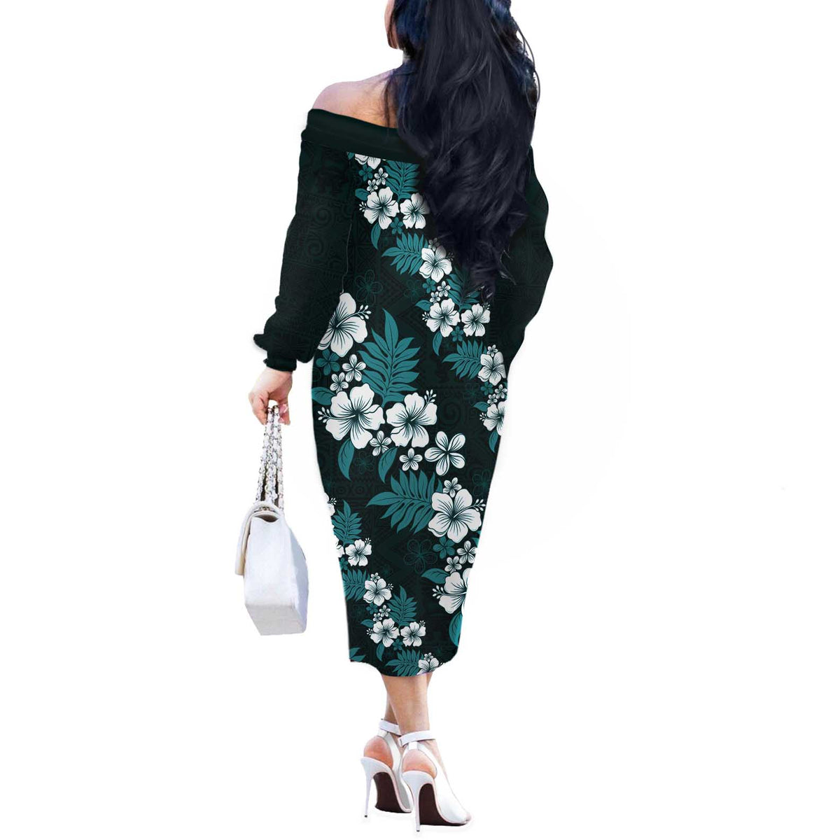 Hawaiian Hibiscus Tribal Floral Teal Off The Shoulder Long Sleeve Dress Polynesian Tapa Pattern - Polynesian Pride