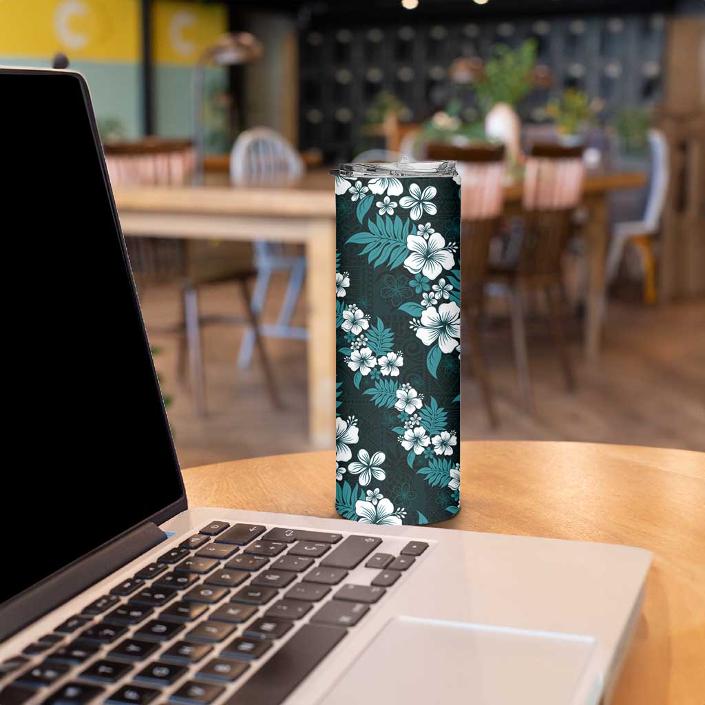 Hawaiian Hibiscus Tribal Floral Teal Skinny Tumbler Polynesian Tapa Pattern - Polynesian Pride