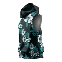 Hawaiian Hibiscus Tribal Floral Teal Sleeveless Hoodie Polynesian Tapa Pattern - Polynesian Pride
