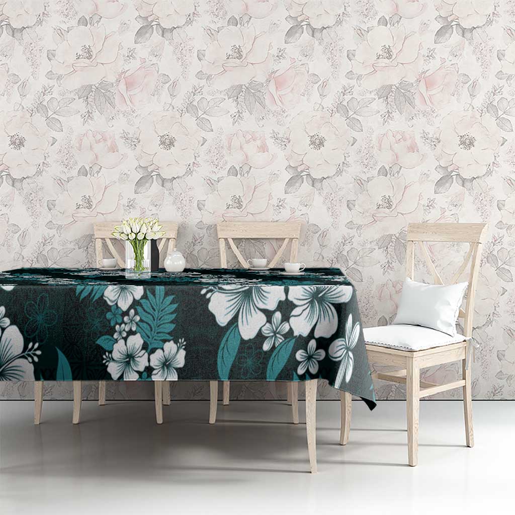 Hawaiian Hibiscus Tribal Floral Teal Tablecloth Polynesian Tapa Pattern - Polynesian Pride