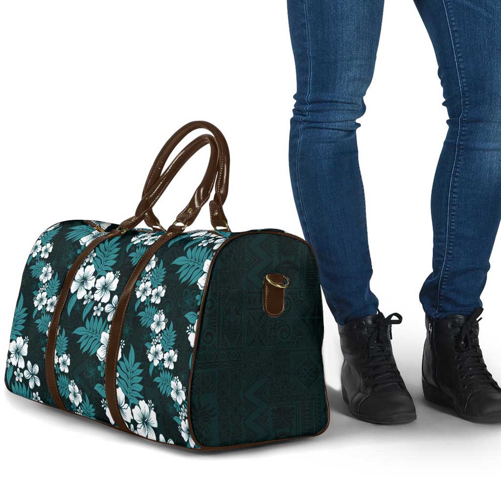Hawaiian Hibiscus Tribal Floral Teal Travel Bag Polynesian Tapa Pattern - Polynesian Pride