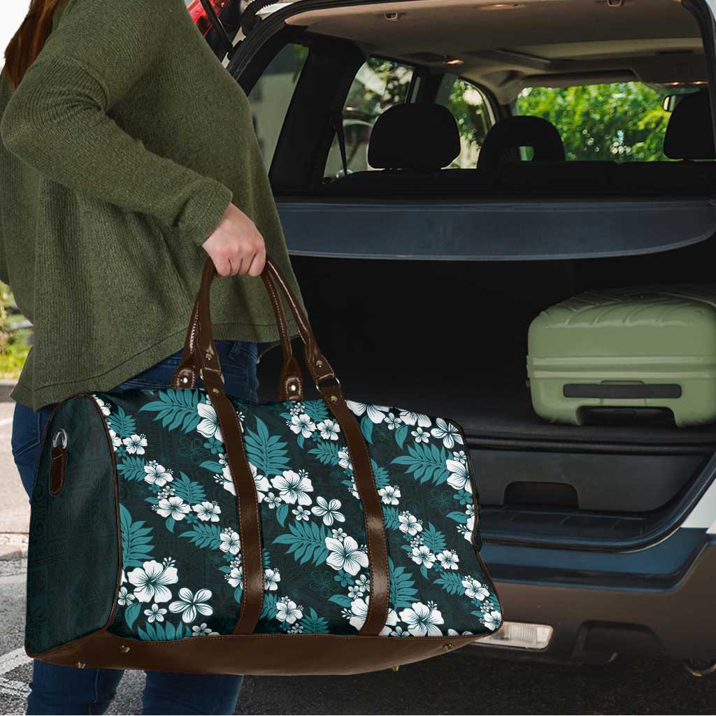 Hawaiian Hibiscus Tribal Floral Teal Travel Bag Polynesian Tapa Pattern - Polynesian Pride