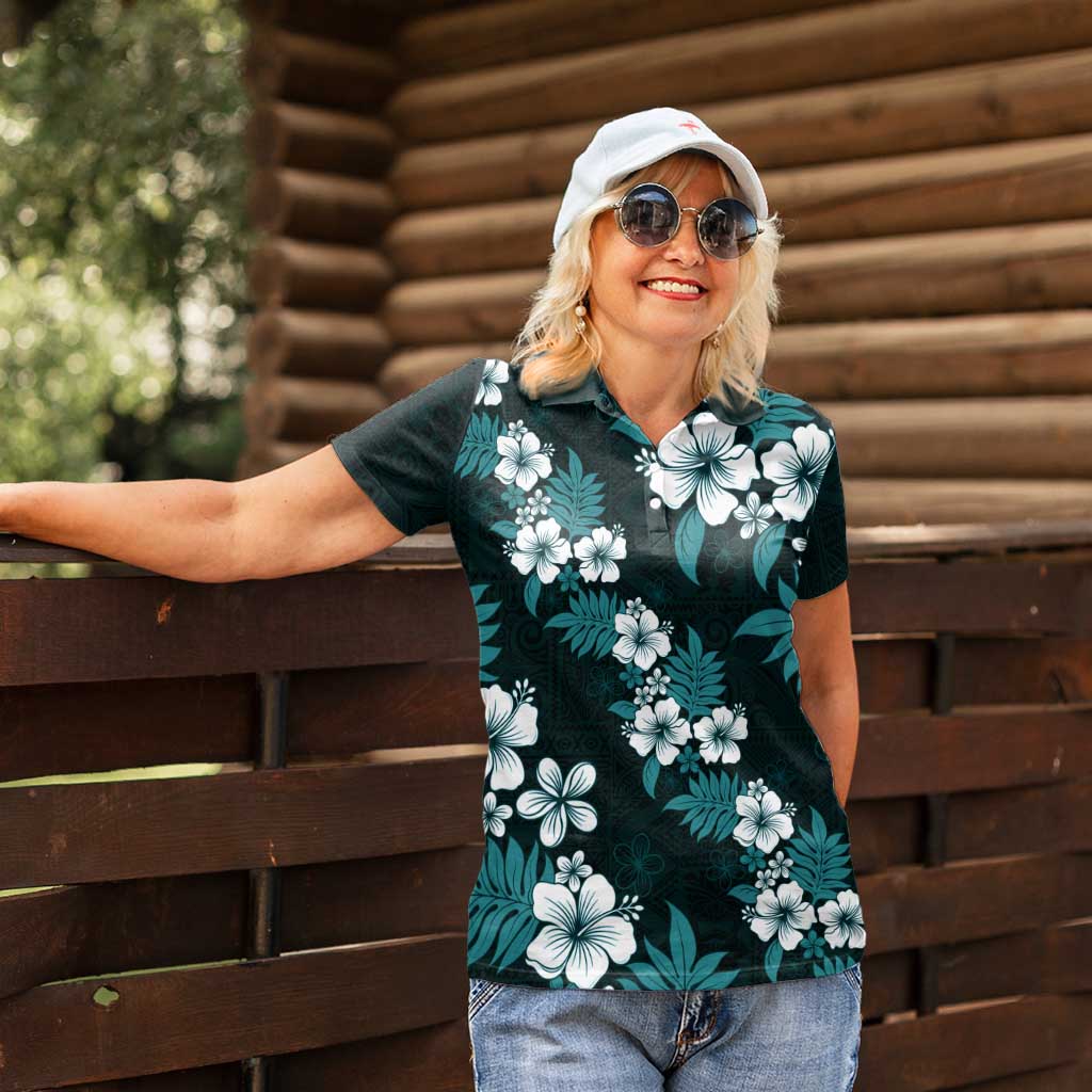 Hawaiian Hibiscus Tribal Floral Teal Women Polo Shirt Polynesian Tapa Pattern - Polynesian Pride