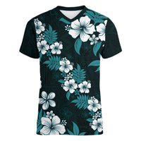 Hawaiian Hibiscus Tribal Floral Teal Women V-Neck T-Shirt Polynesian Tapa Pattern - Polynesian Pride