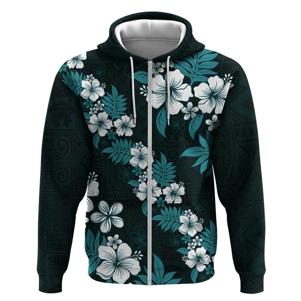 Hawaiian Hibiscus Tribal Floral Teal Zip Hoodie Polynesian Tapa Pattern LT01 Zip Hoodie Teal - Polynesian Pride