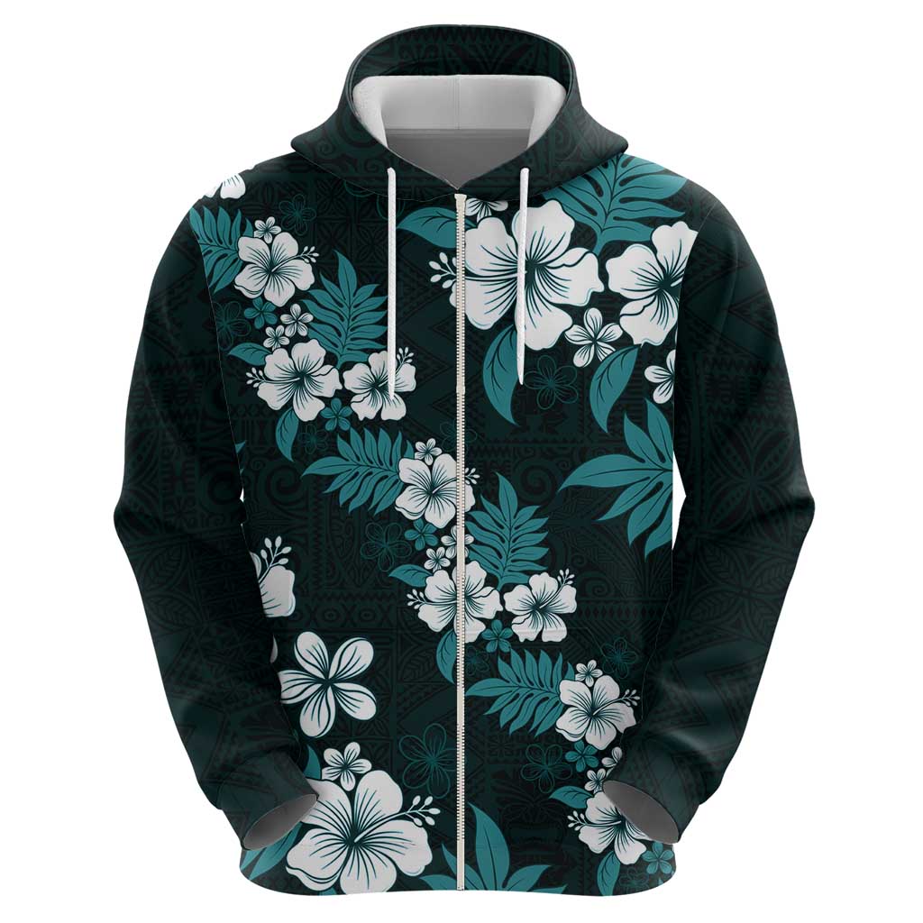 Hawaiian Hibiscus Tribal Floral Teal Zip Hoodie Polynesian Tapa Pattern LT01 - Polynesian Pride