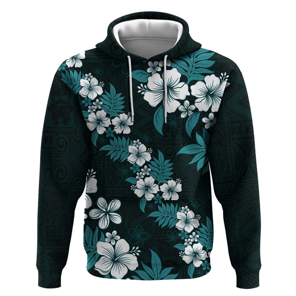 Hawaiian Hibiscus Tribal Floral Teal Zip Hoodie Polynesian Tapa Pattern LT01 Pullover Hoodie Teal - Polynesian Pride