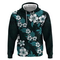 Hawaiian Hibiscus Tribal Floral Teal Zip Hoodie Polynesian Tapa Pattern LT01 Pullover Hoodie Teal - Polynesian Pride