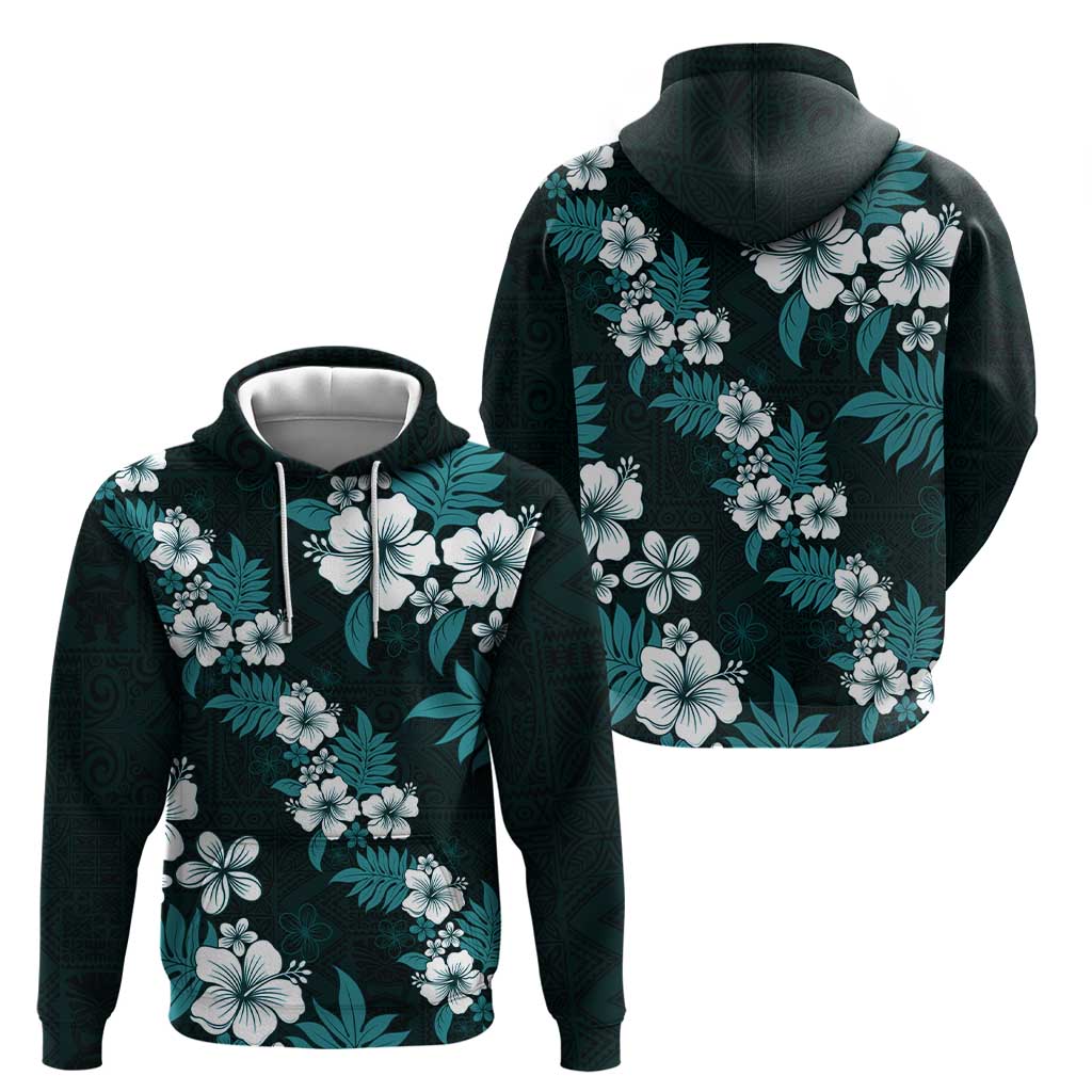 Hawaiian Hibiscus Tribal Floral Teal Zip Hoodie Polynesian Tapa Pattern LT01 - Polynesian Pride