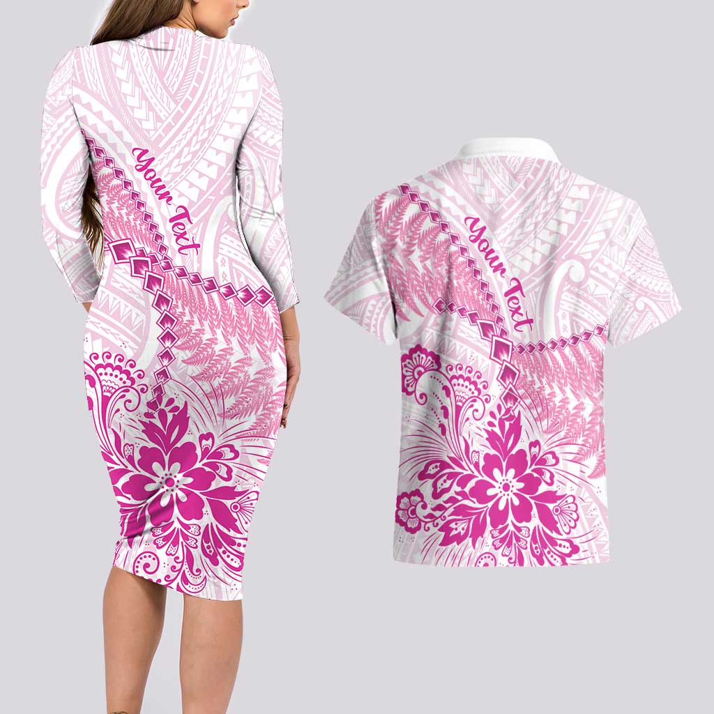 Personalised New Zealand Pink Fern Breast Cancer Couples Matching Long Sleeve Bodycon Dress and Hawaiian Shirt Polynesian Pattern LT01 - Polynesian Pride