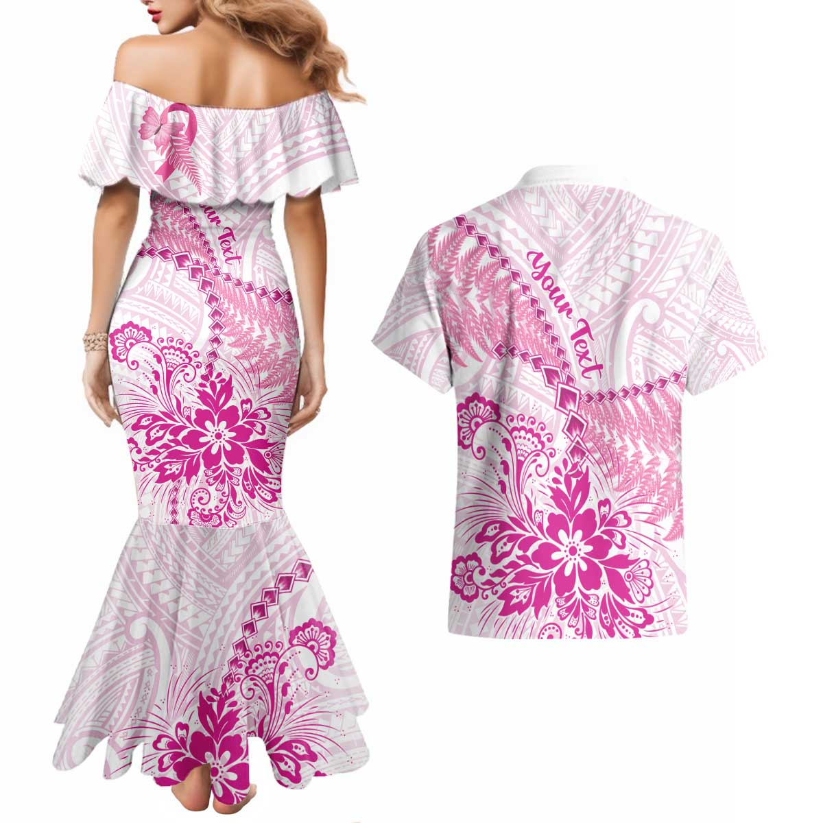 Personalised New Zealand Pink Fern Breast Cancer Couples Matching Mermaid Dress and Hawaiian Shirt Polynesian Pattern LT01 - Polynesian Pride
