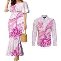 Personalised New Zealand Pink Fern Breast Cancer Couples Matching Mermaid Dress and Long Sleeve Button Shirt Polynesian Pattern LT01 Pink - Polynesian Pride