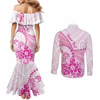 Personalised New Zealand Pink Fern Breast Cancer Couples Matching Mermaid Dress and Long Sleeve Button Shirt Polynesian Pattern LT01 - Polynesian Pride