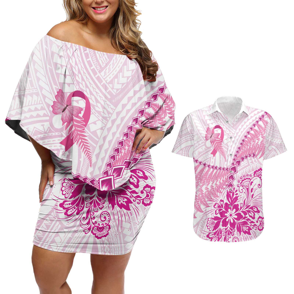 Personalised New Zealand Pink Fern Breast Cancer Couples Matching Off Shoulder Short Dress and Hawaiian Shirt Polynesian Pattern LT01 Pink - Polynesian Pride