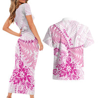 Personalised New Zealand Pink Fern Breast Cancer Couples Matching Short Sleeve Bodycon Dress and Hawaiian Shirt Polynesian Pattern LT01 - Polynesian Pride