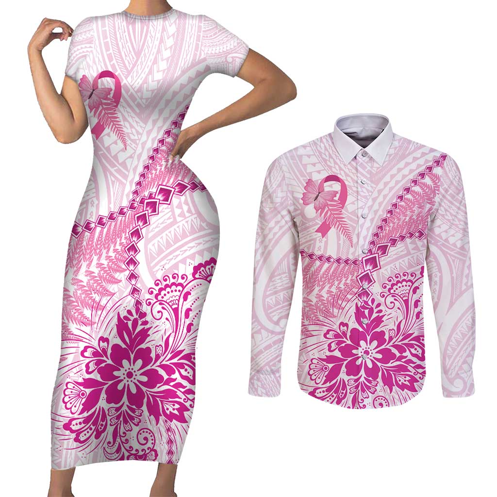 Personalised New Zealand Pink Fern Breast Cancer Couples Matching Short Sleeve Bodycon Dress and Long Sleeve Button Shirt Polynesian Pattern LT01 Pink - Polynesian Pride