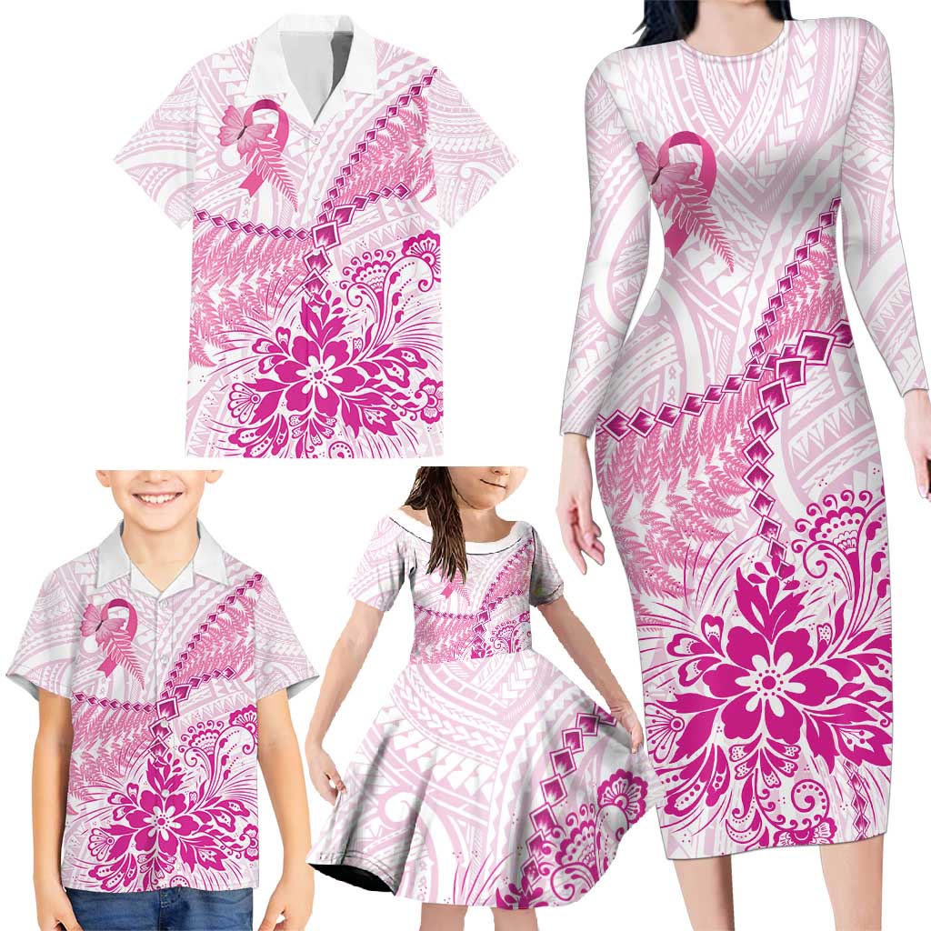 Personalised New Zealand Pink Fern Breast Cancer Family Matching Long Sleeve Bodycon Dress and Hawaiian Shirt Polynesian Pattern LT01 - Polynesian Pride