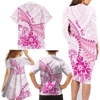 Personalised New Zealand Pink Fern Breast Cancer Family Matching Long Sleeve Bodycon Dress and Hawaiian Shirt Polynesian Pattern LT01 - Polynesian Pride