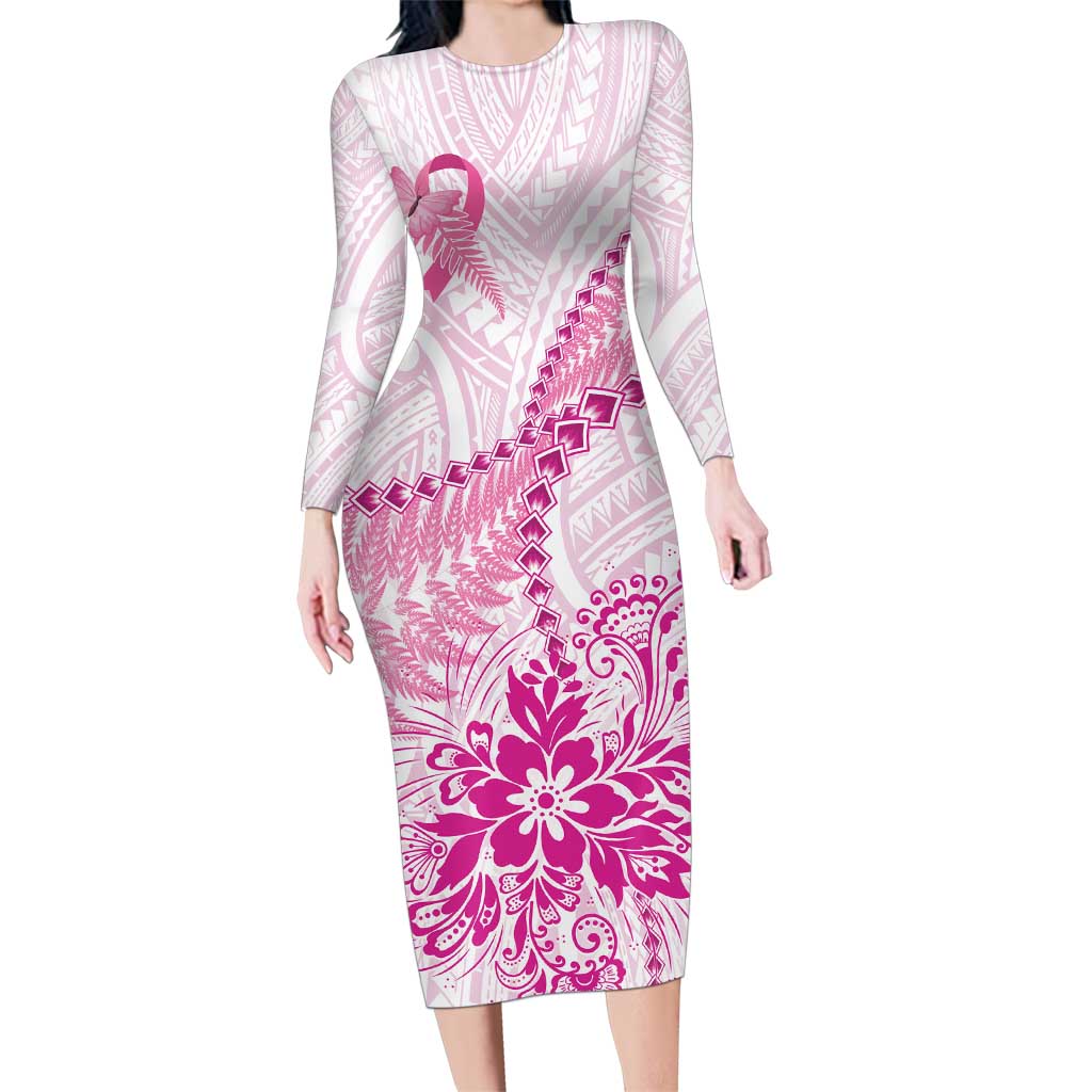 Personalised New Zealand Pink Fern Breast Cancer Family Matching Long Sleeve Bodycon Dress and Hawaiian Shirt Polynesian Pattern LT01 Mom's Dress Pink - Polynesian Pride