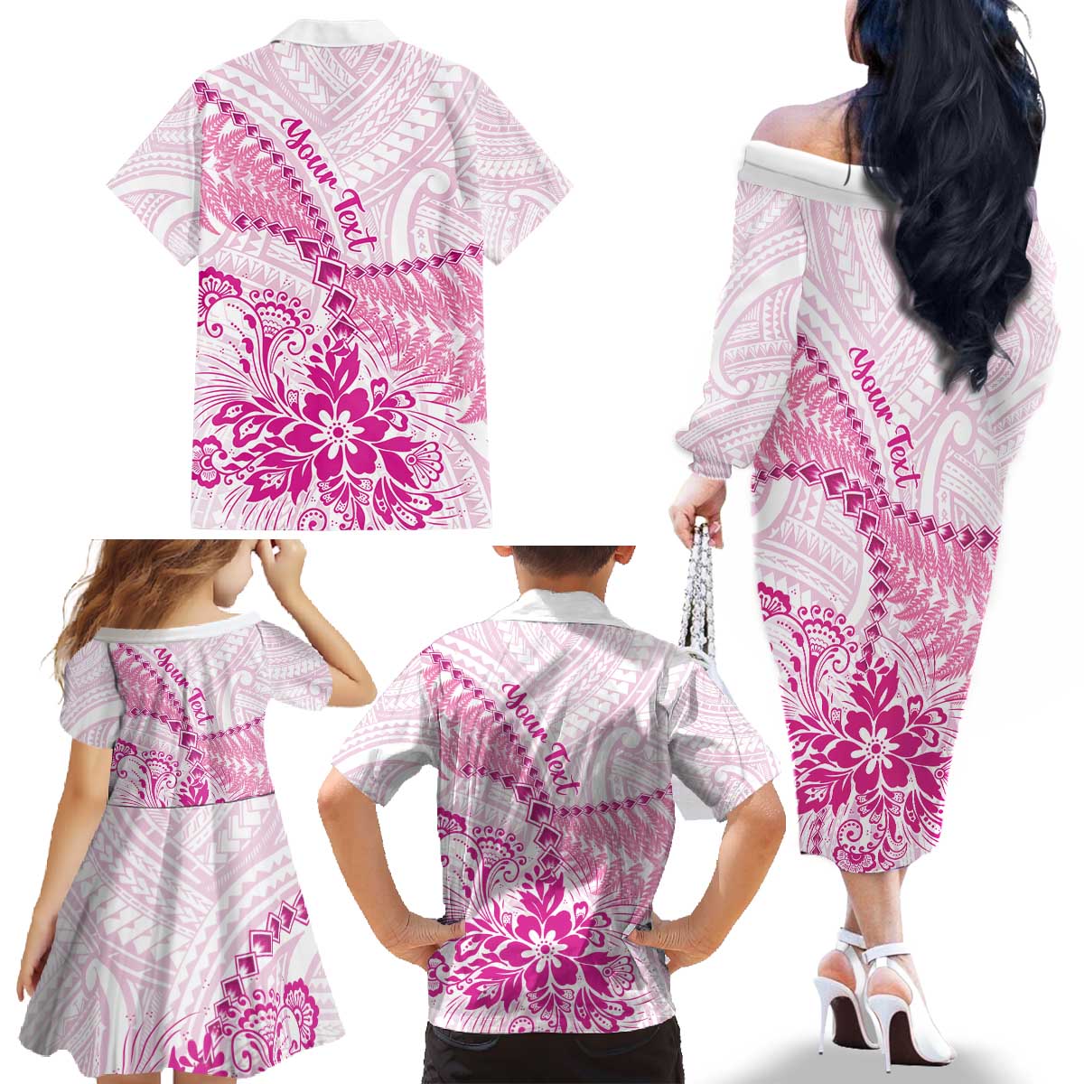 Personalised New Zealand Pink Fern Breast Cancer Family Matching Off The Shoulder Long Sleeve Dress and Hawaiian Shirt Polynesian Pattern LT01 - Polynesian Pride