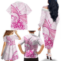 Personalised New Zealand Pink Fern Breast Cancer Family Matching Off The Shoulder Long Sleeve Dress and Hawaiian Shirt Polynesian Pattern LT01 - Polynesian Pride