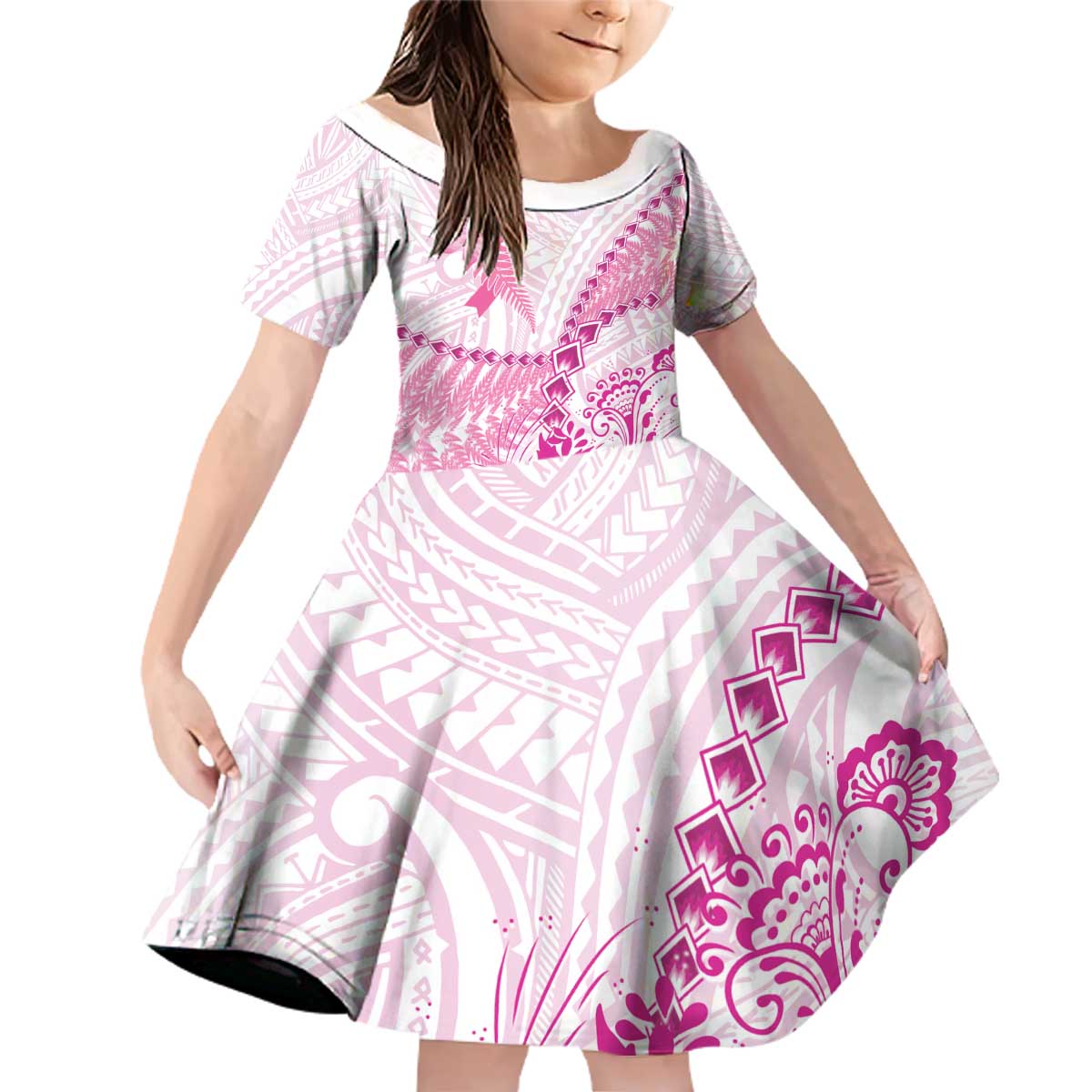 Personalised New Zealand Pink Fern Breast Cancer Family Matching Off Shoulder Short Dress and Hawaiian Shirt Polynesian Pattern LT01 Daughter's Dress Pink - Polynesian Pride