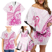 Personalised New Zealand Pink Fern Breast Cancer Family Matching Off Shoulder Short Dress and Hawaiian Shirt Polynesian Pattern LT01 - Polynesian Pride
